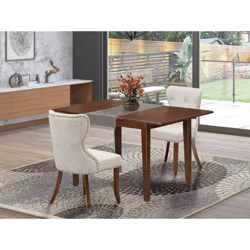 Vintage Kitchen Dinette Set - 2 Fabric Chairs & Butterfly Leaf Table - Mahogany Finish