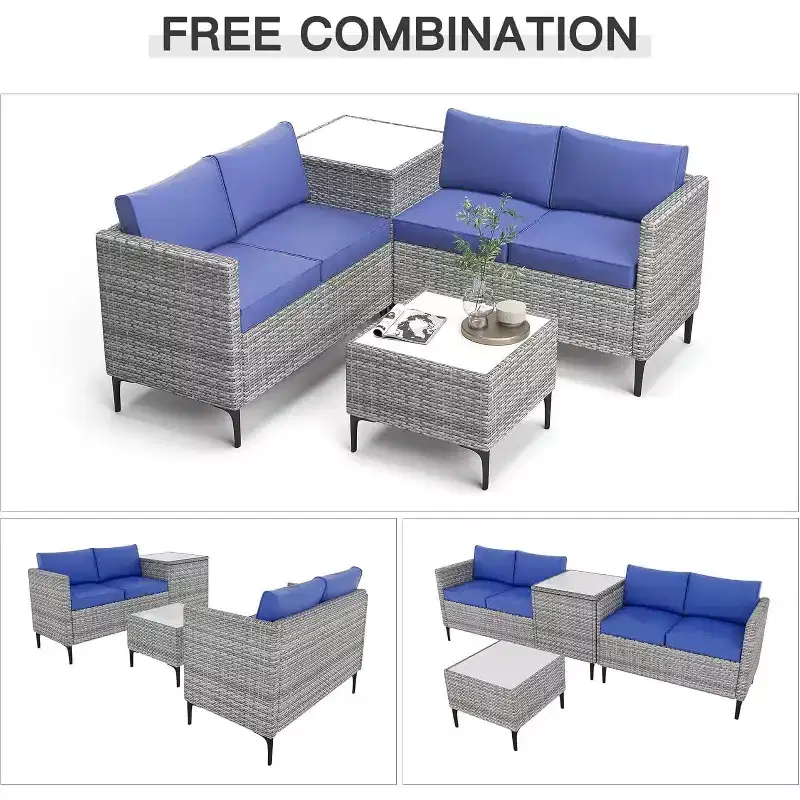 5-Piece Outdoor Wicker Conversation Set, All-Weather PE Rattan Patio Sectional Furniture Set with Cushions, 2 Loveseats, Side Table for Backyard