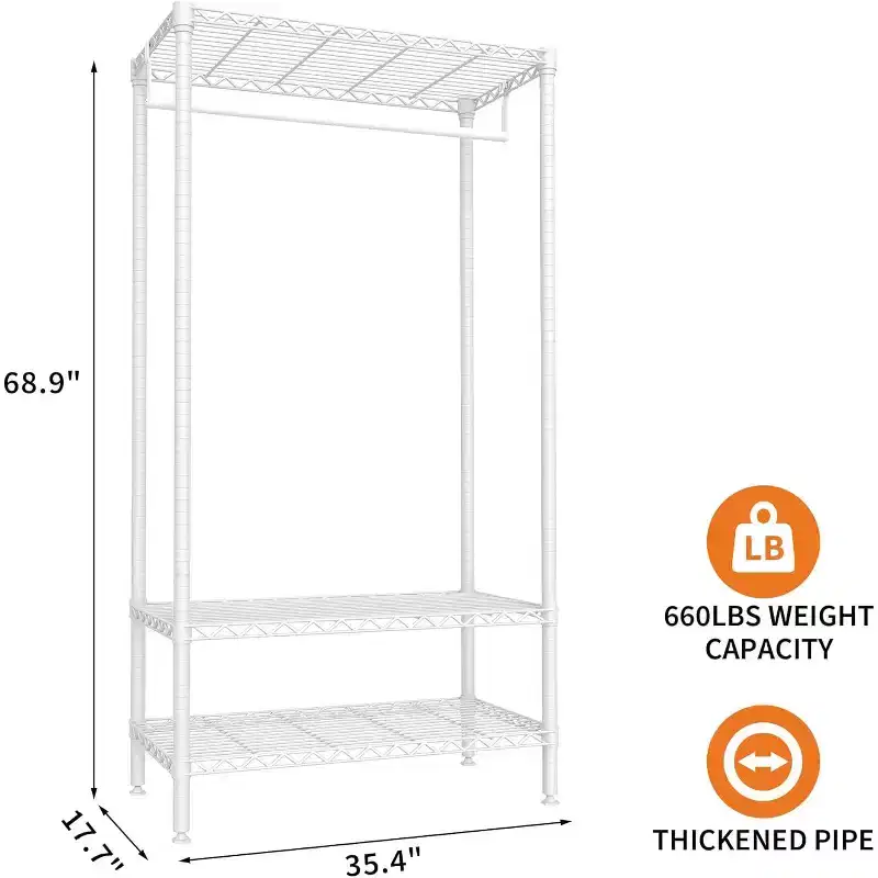 3-Tier Clothes Rack with Shelves, Freestanding Portable Clothing Racks with Hanging Rod, Space Saving Adjustable Garment Rack for Bedroom