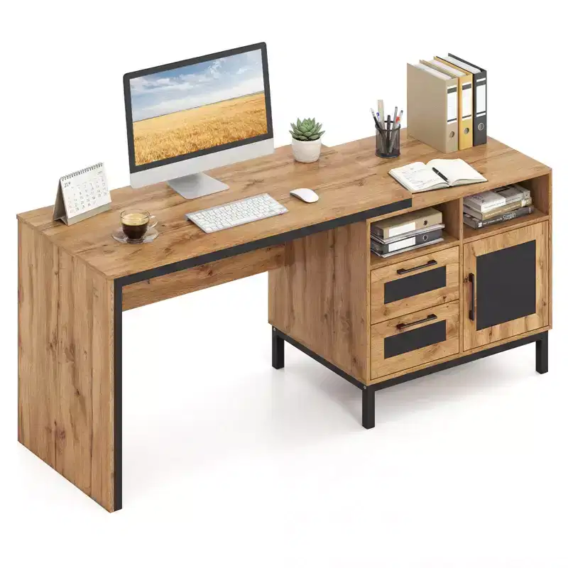 71 Executive Desk with Open Compartments, Storage Drawers & Single-Door Cabinet Natural