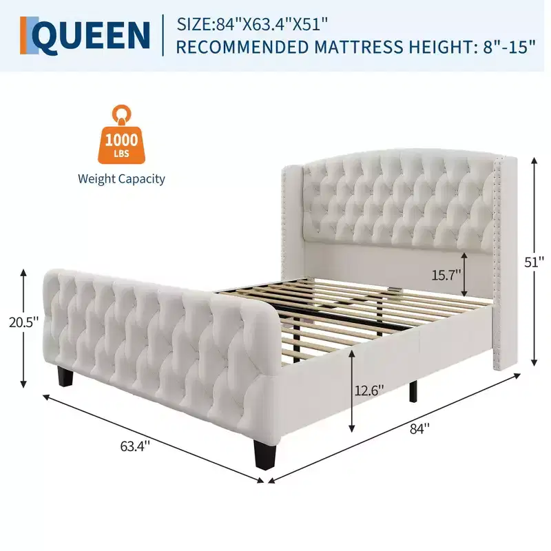 51 Tall Queen Size Bed Frame, Deep Button Tufted Wingback Headboard & Footboard, Velvet Upholstered Platform, No Box Spring Needed, Easy Assemble
