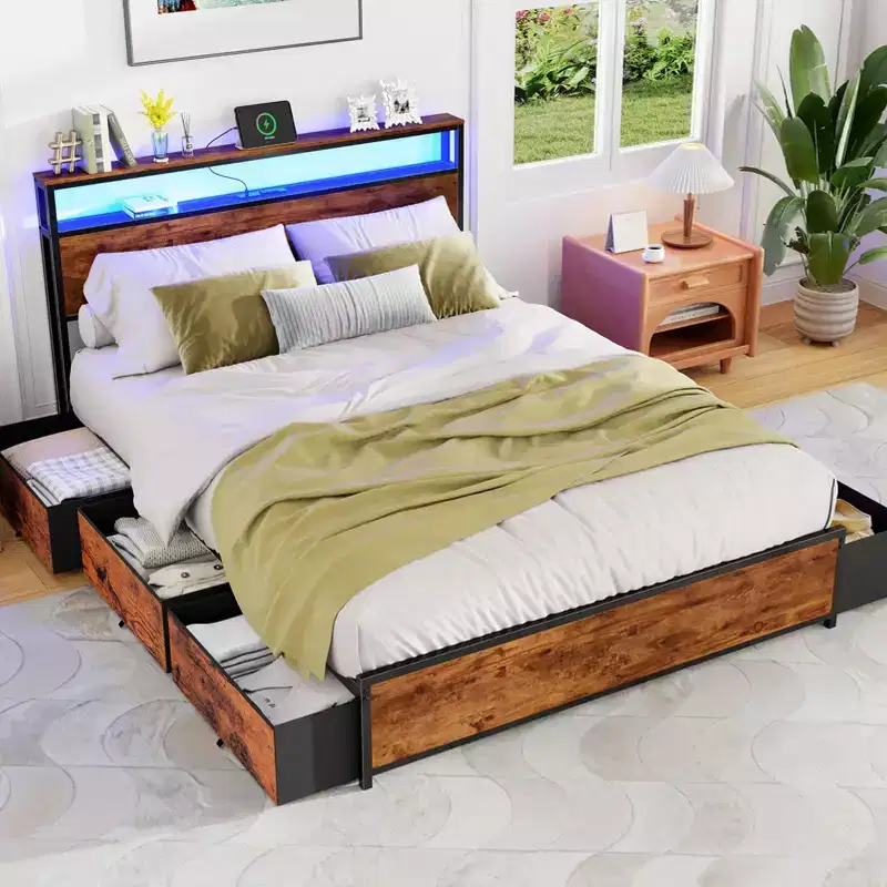 Queen Metal Platform Bed Frame with 6 Storage Drawers Bookcase Headboard Charging Station LED Lights Heavy Duty Support No Box Spring Needed
