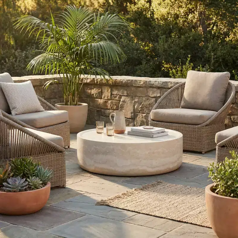 39.37'' Round Faux Travertine Texture Coffee Table, Modern Faux Marble Pattern Living Room Table (No Assembly Needed)