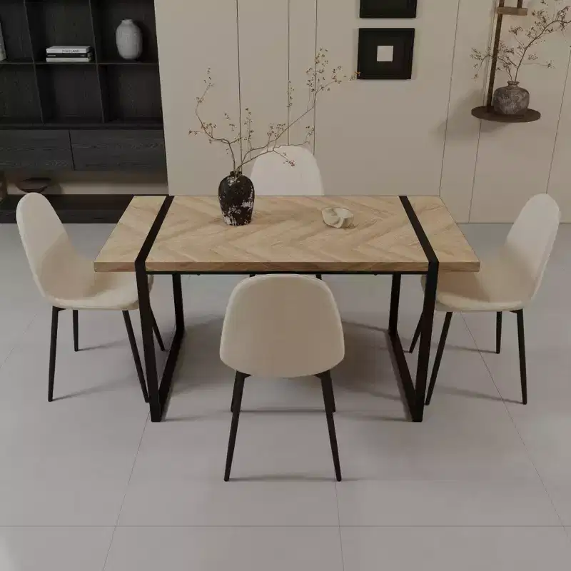 GDFStudio Kavya Modern 5 Piece Wood and Metal Dining Table Set with 4 Suede Leather Upholstered Chairs