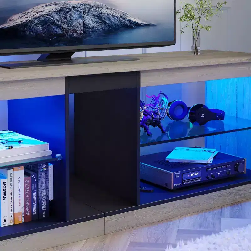 Particle Board TV Stand with Glass Shelves 18.5''H x 55.12''W x 13.78''D