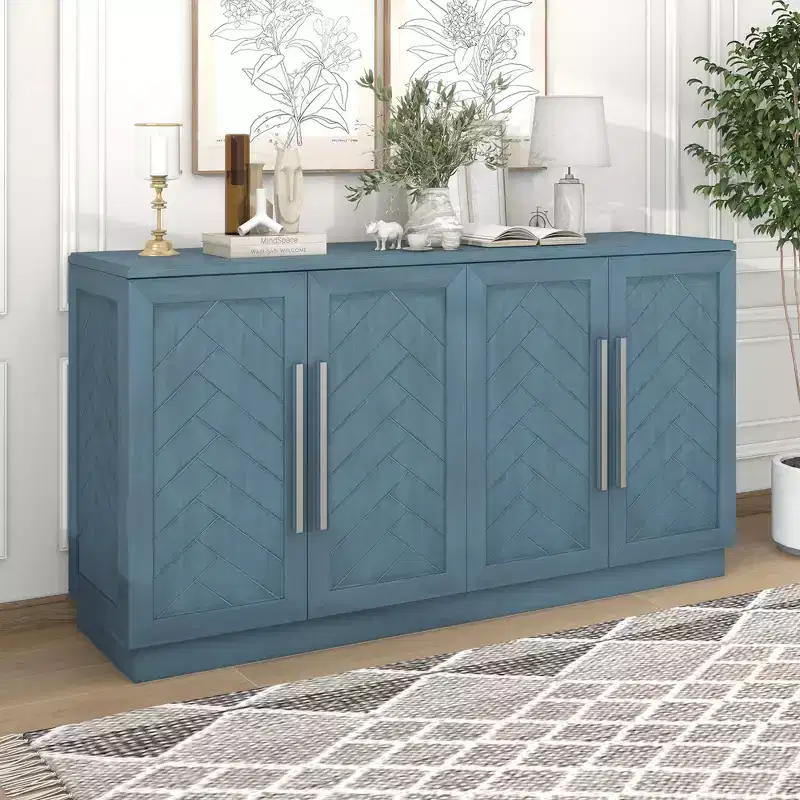 Elegant 4-Door Sideboard Storage Cabinet with Silver Handles & Adjustable Shelves, Wooden Buffet Cabinet for Kitchen/Dining Room/Hallway