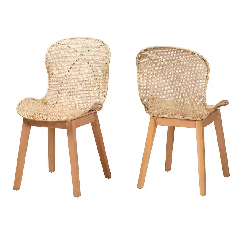 bali & pari Sabelle Japandi Natural Brown Mahogany and Rattan 2-Piece Dining Chair Set