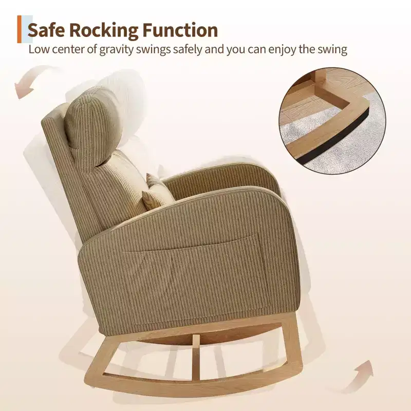 Modern Nursery Glider Rocking Chair with Side Pockets & Pillow – Ergonomic, 300 lb Capacity