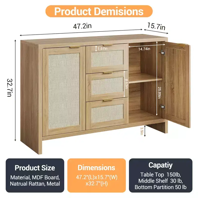COZONY 47 Modern Rattan Buffet Cabinet Sideboard with Storage, Boho Credenza with Drawers & Doors, Wooden Coffee Bar Cabinet
