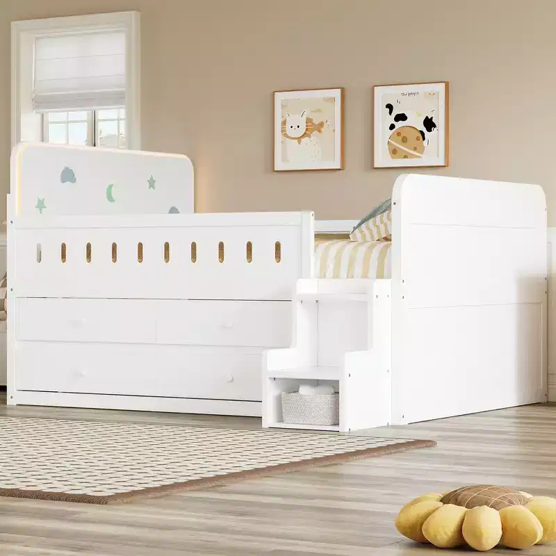 Full Size Solid Wood Bed Frame with LED Lighting & 4 Storage Drawers