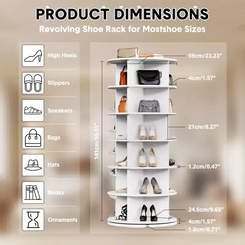 GustoWave Rotating Shoe Rack Tower, 360 Spinning Shoe Organizer Rotating Shelf, Large Capacity Storage Round Carousel,Bookshelf, Handbag Holder