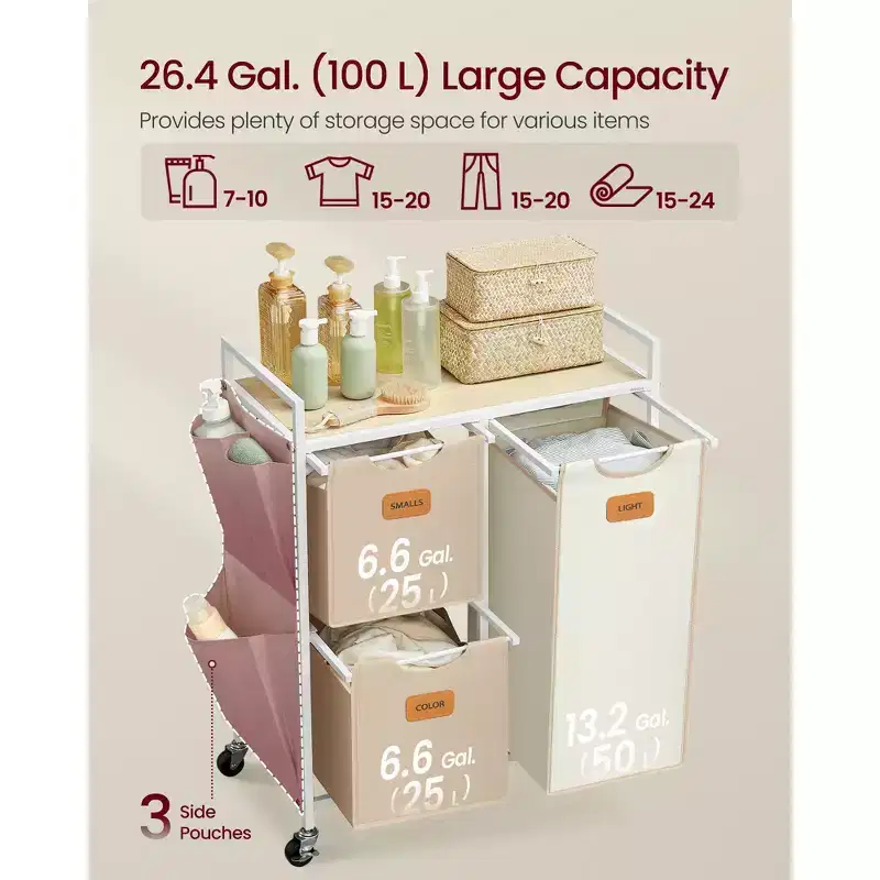 Laundry Hamper with 3 Compartments, 26. 4 Gal. (100 L) Laundry Sorter, Rolling Laundry Cart with Shelves, Small Side Pockets
