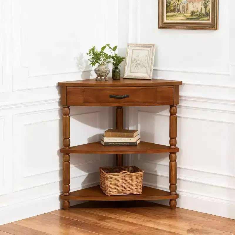 Small Triangle Corner Table with 3 Tiers and Solid Wood Legs, Brown, for Small Spaces