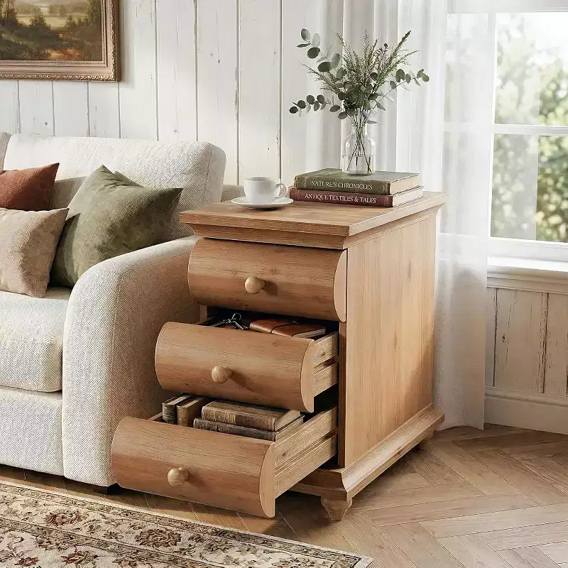 Lantine Solid Wood End Table, 3 Drawers Narrow Sofa Side Table with Finished Back for Living Room, Small Spce, Brown