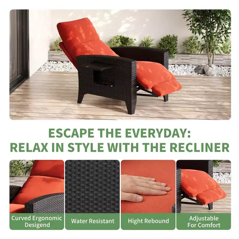 Wicker Recliner Chair with Adjustable Back & Footrest,150 Lay Flat Rattan Reclining Patio Chair with Extendable Side Table & Air Pump