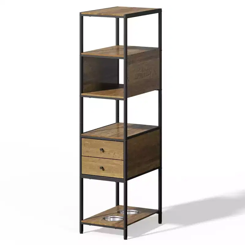 Industrial Bookshelf, Standing Display Shelf with 2 Dog Bowls, Metal and Wood Bookshelf, Dog Feeder Station with Shelves, Brown