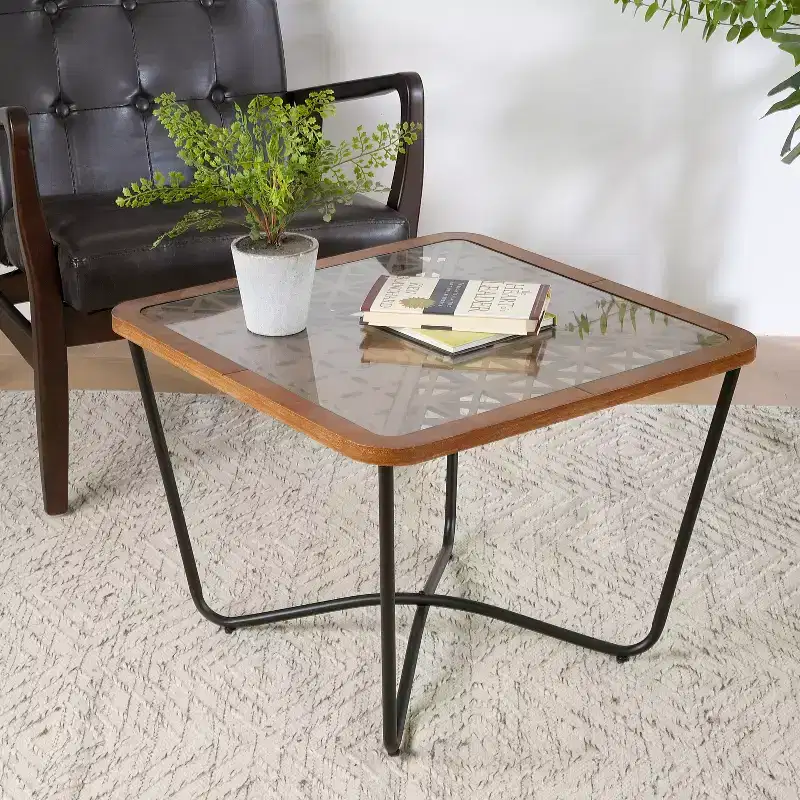 Tempered Glass Square Coffee Table 23''W x 23''D with Geometric Base