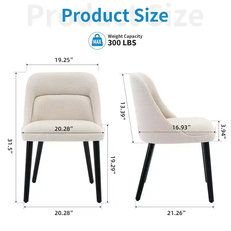 Set of 2 Upholstered Linen Dining Chairs with Wooden Legs, Modern Kitchen Chairs