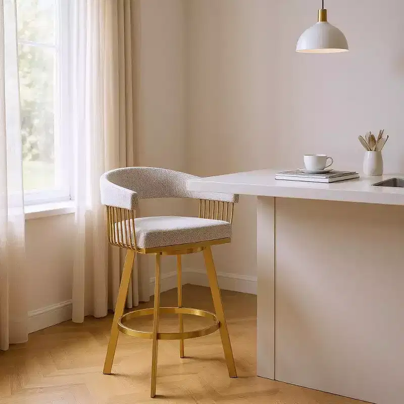 HomeRoots 26 Taupe and Gold Fabric and Stainless Steel Low Back Counter Height Swivel Bar Chair
