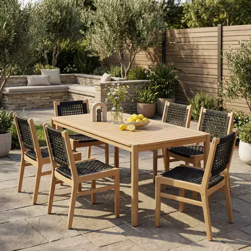 Christopher Knight Home Oksana Farmhouse 7 Piece Patio Acacia Dining Set with Rectangular Slatted Table and Wicker Design