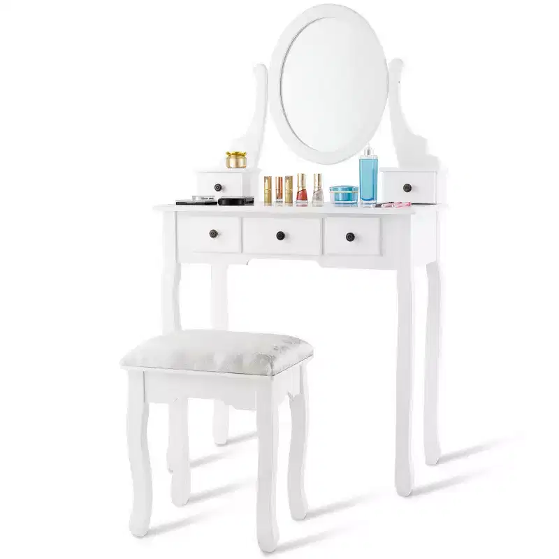 Costway Makeup Desk Vanity Dressing Table Oval Stool 5 Storage Drawers