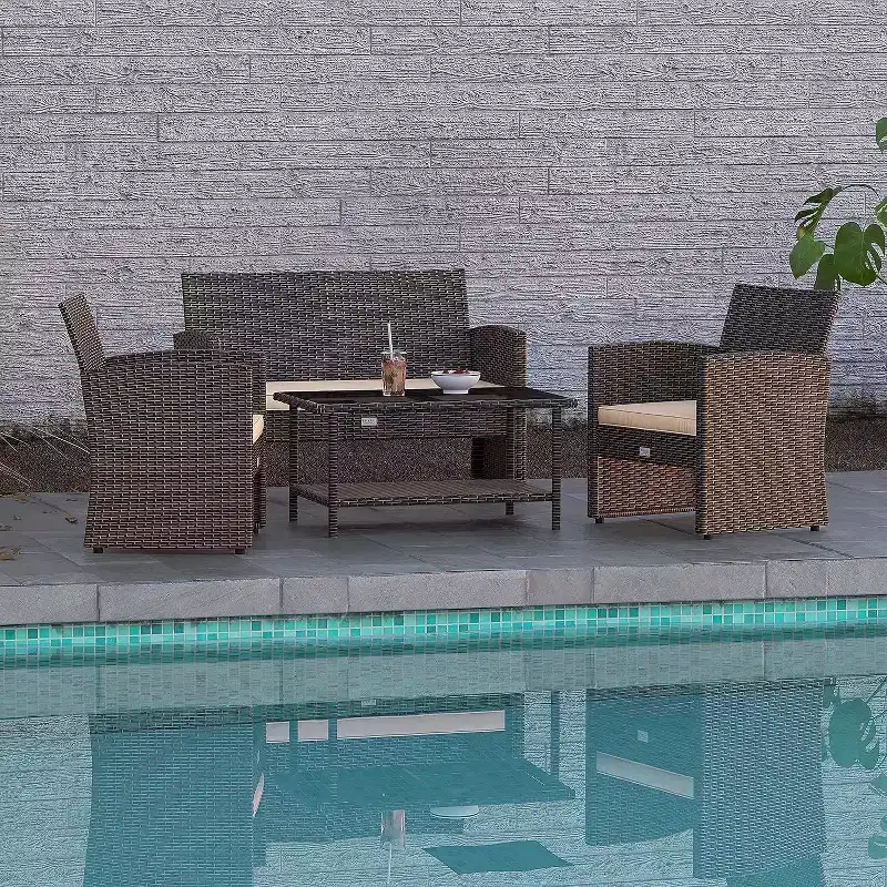Balkene Home Ashville Conversation Wicker Outdoor Patio Set - Sofa, Table & Two Armchairs Included Khaki Cushions & Tempered Glass Top Easy Assembly