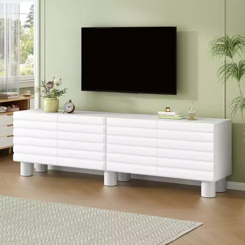 JVNOXK 70-inch Wave-Style TV Console with Adjustable Shelves and 4 Cabinets, Accommodates TVs up to 75 inches; Ideal for Living Rooms, White