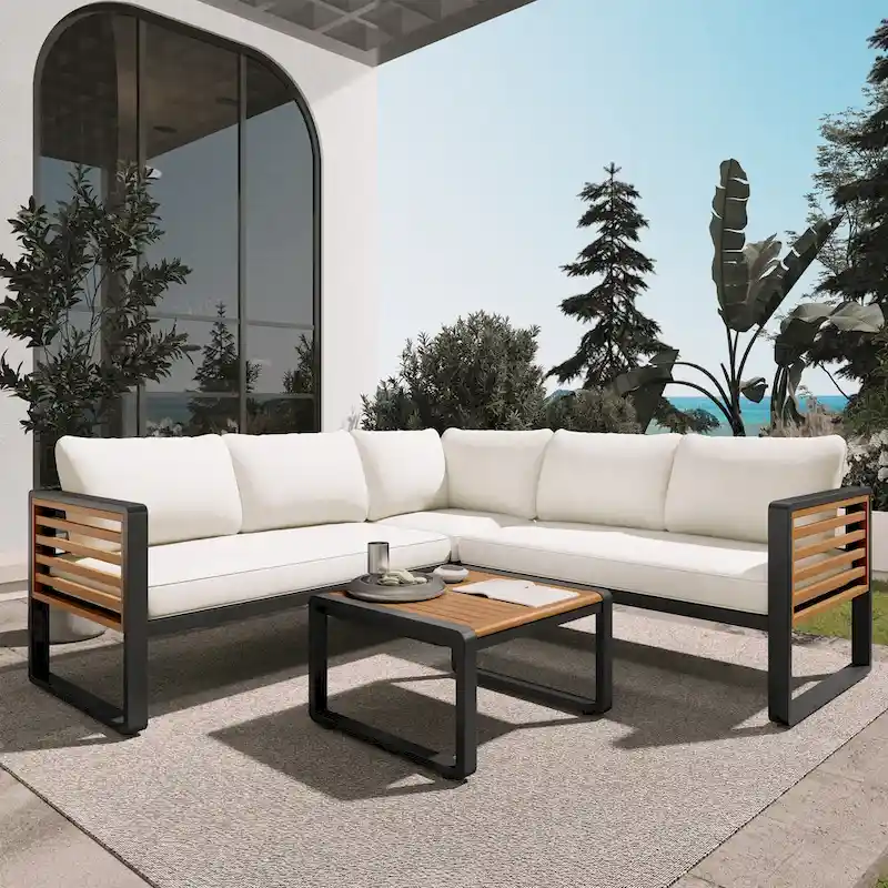 4-Pieces Patio L-shaped Conservation Sofa Set with Coffee Tables