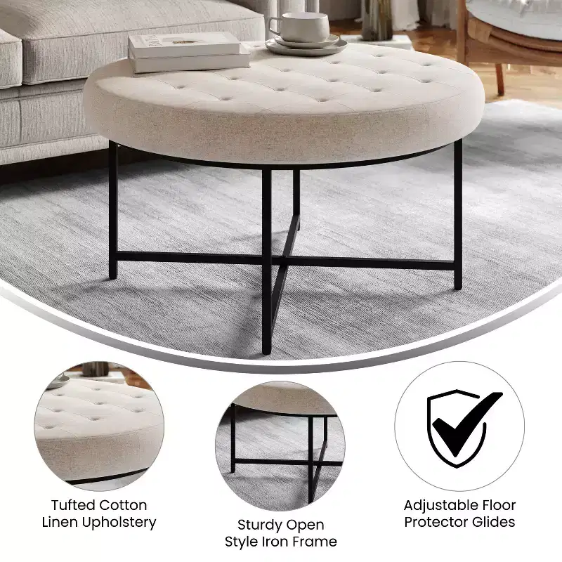 34 Round Cotton Linen Tufted Ottoman with Metal Frame