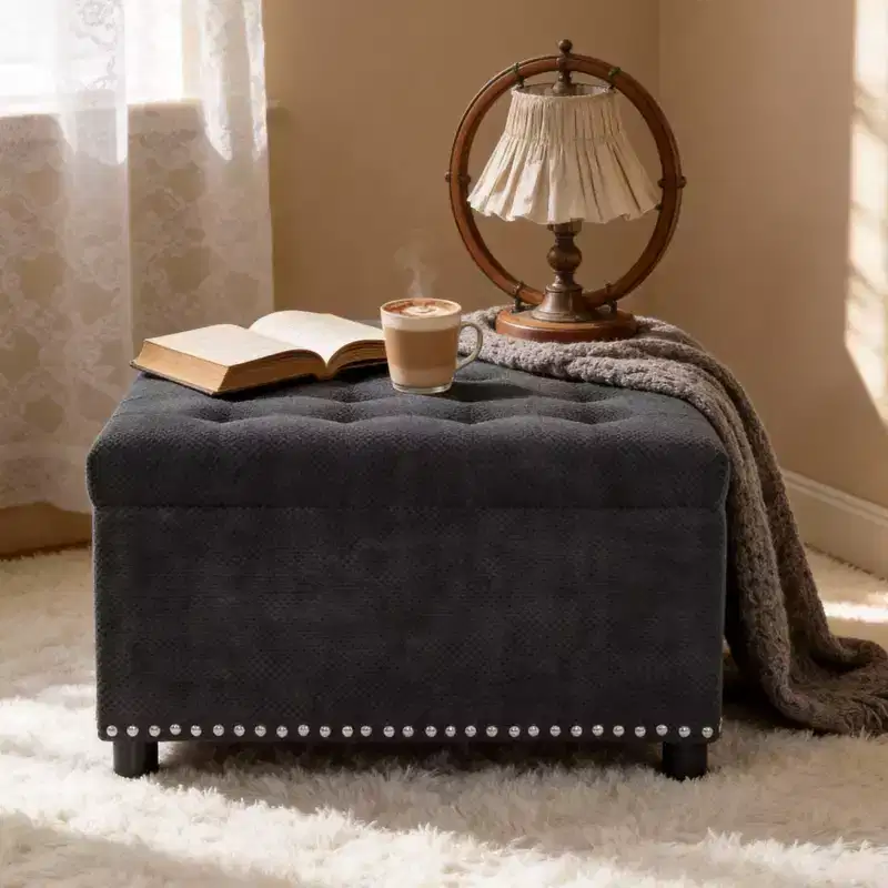 GDFStudio Sapir Tufted Upholstered Square Storage Ottoman with Nailhead Trim