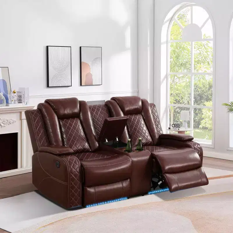 Power Reclining Loveseat Sofa, Electric 2-Seat Leather Recliner with USB Charging, Storage & Cup Holders for Living Room, Brown