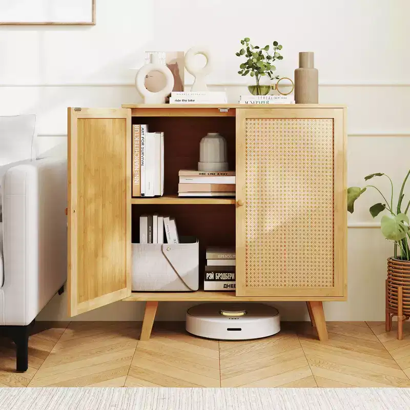 Costway Bamboo Buffet Cabinet w/ PE Rattan Doors Freestanding Kitchen Cupboard Natural
