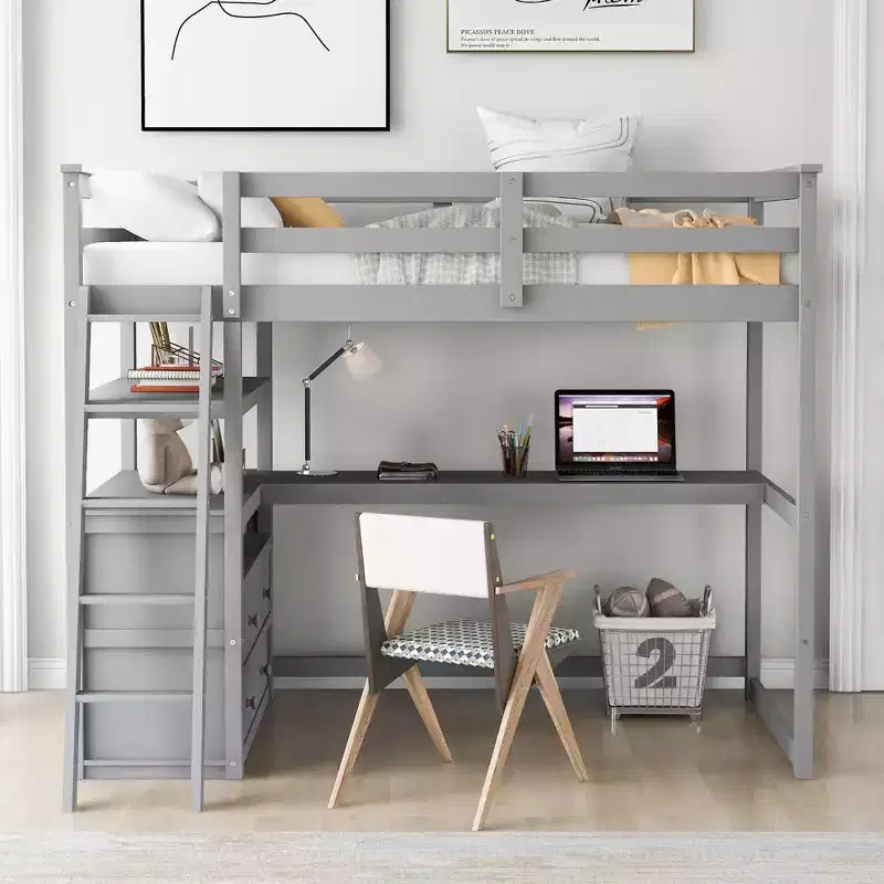 GDFStudio Garcia Wood Loft Bed with Desk and Shelves, Two Built-in Drawers
