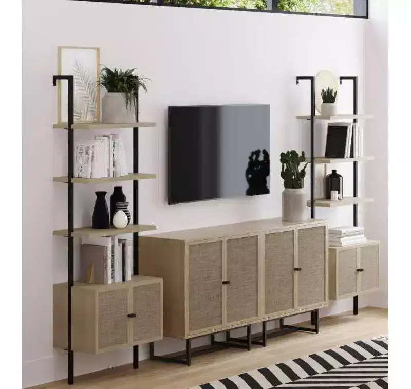 Nathan James 72.5" Set of 2 Theo Bookshelf with Doors Light Oak Rattan