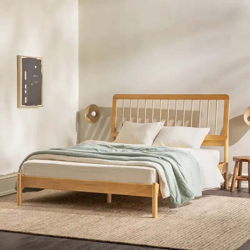 Solid Wood Queen Spindle Bed, Caramel / Natural Pine / Black, Fits 2