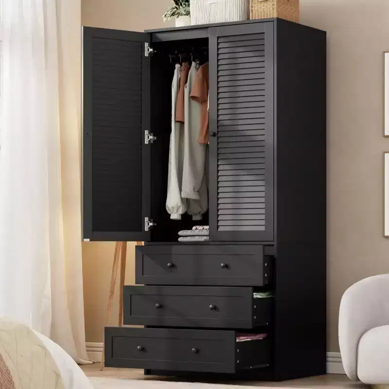 Armoire Wardrobe with 3 Drawers & 2 Doors, Modern Wooden Closet Cabinet for Bedroom, Heavy Duty White Standing Armoire