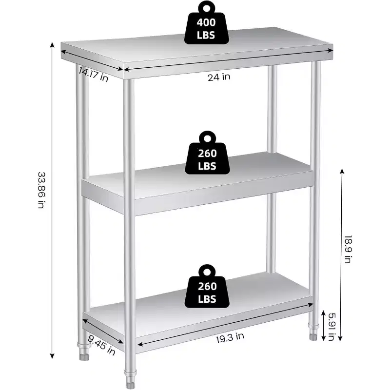 COZONY Stainless Steel Work Table with 3 Tiers & Optional Locking Casters, 24/36 in Utility Prep Table for Kitchen, Restaurant, Garage