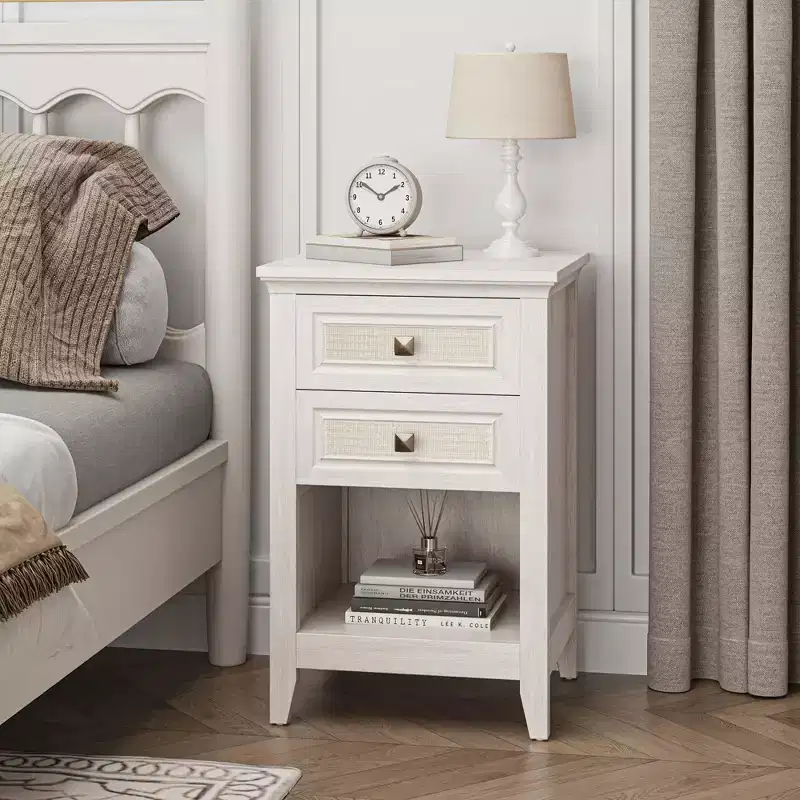 Boho Rattan Nightstand with 2 Drawers, 27 Tall Grayish White Bedside Table, Small Space Storage Side Table for Bedroom Living Room