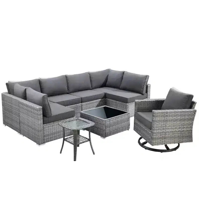Ovios Venice 9pc Wicker Outdoor Patio Furniture Set Conversation Sofa Sectional with a Swivel Chair and Cushions