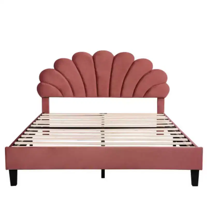 Bean Paste Red Queen-Sized Upholstered Platform Bed with Floral Velvet Headboard