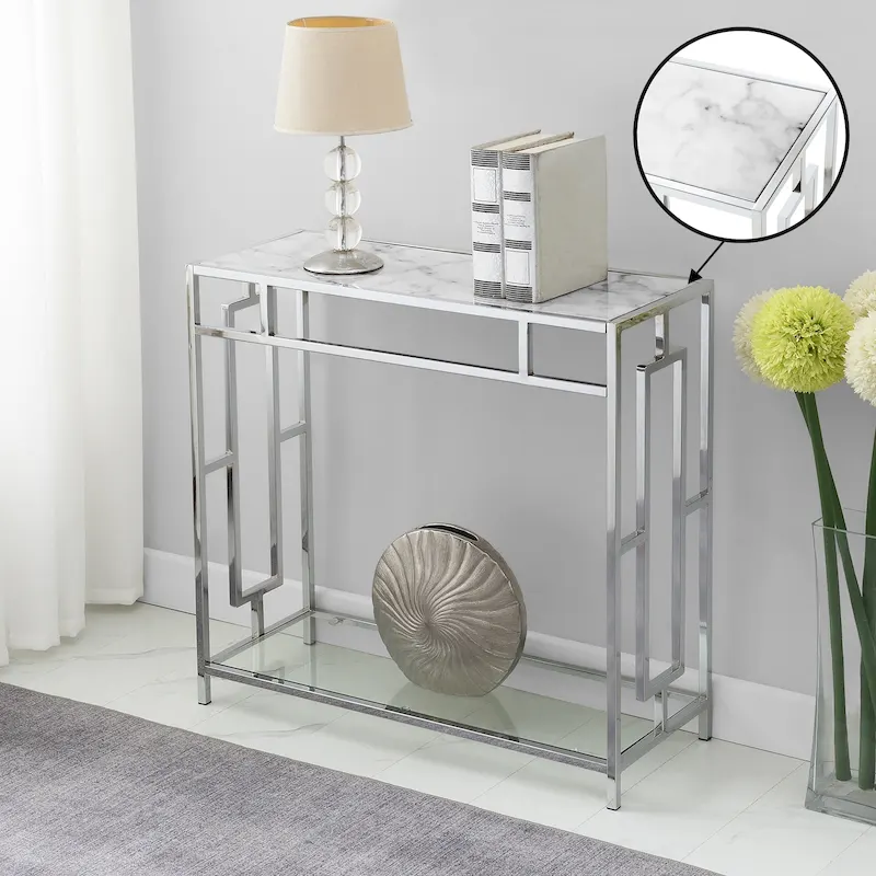 Chrome Faux Marble Glass Hall Table with Shelf
