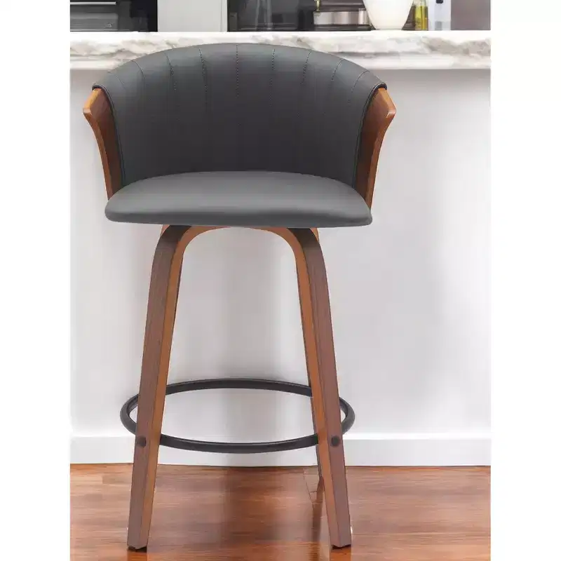HomeRoots 26 Gray and Wood Brown Faux Leather with Solid Wood Swivel Counter Height Bar Chair