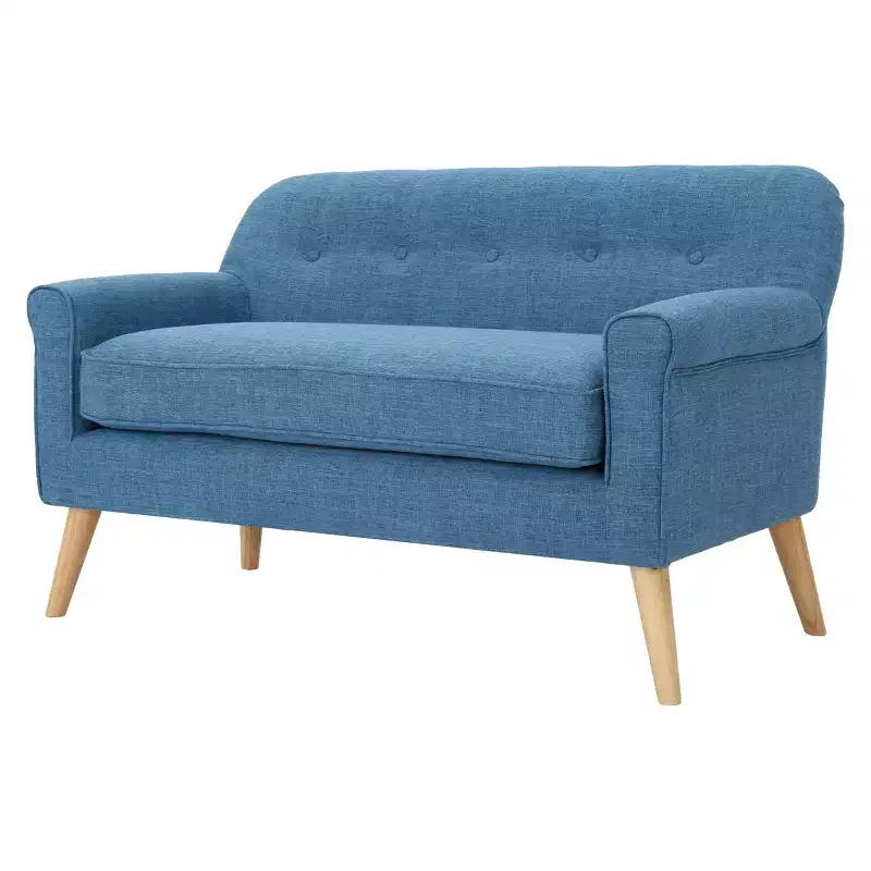 Mid-Century Modern Loveseat, Tufted Upholstery, Light Birch Legs, 400 lb Capacity