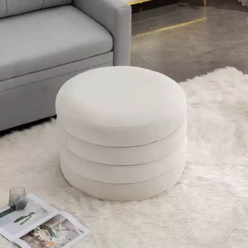 Velvet Fabric Storage Round Ottoman Footstool With Wooden Shelving,Ivory