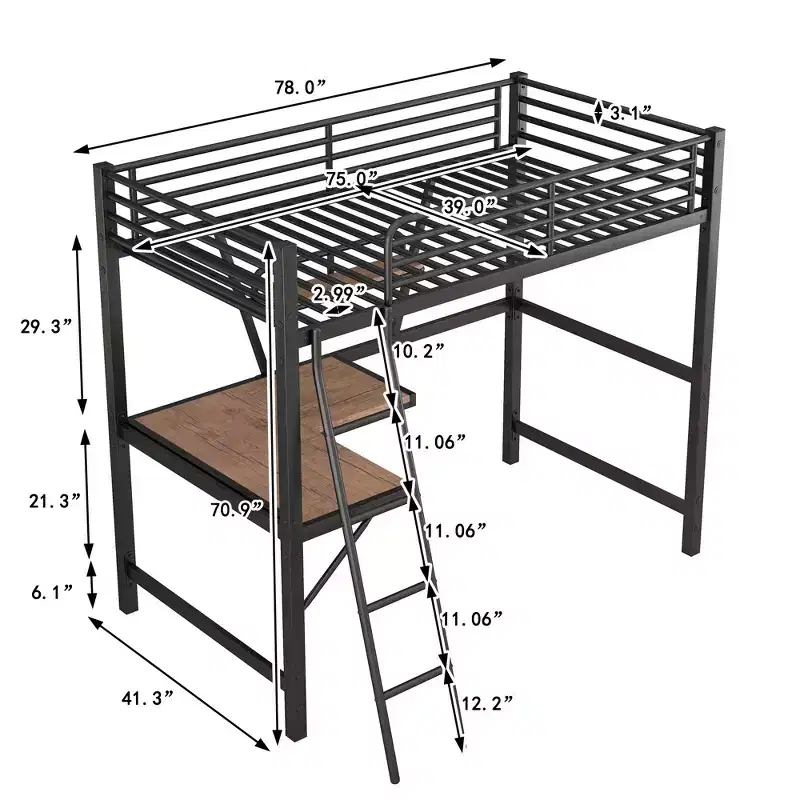 Metal Twin Size Loft Bed with Desk for Kids Teens, Hight Twin Loft Bed Frame with Small Shelf