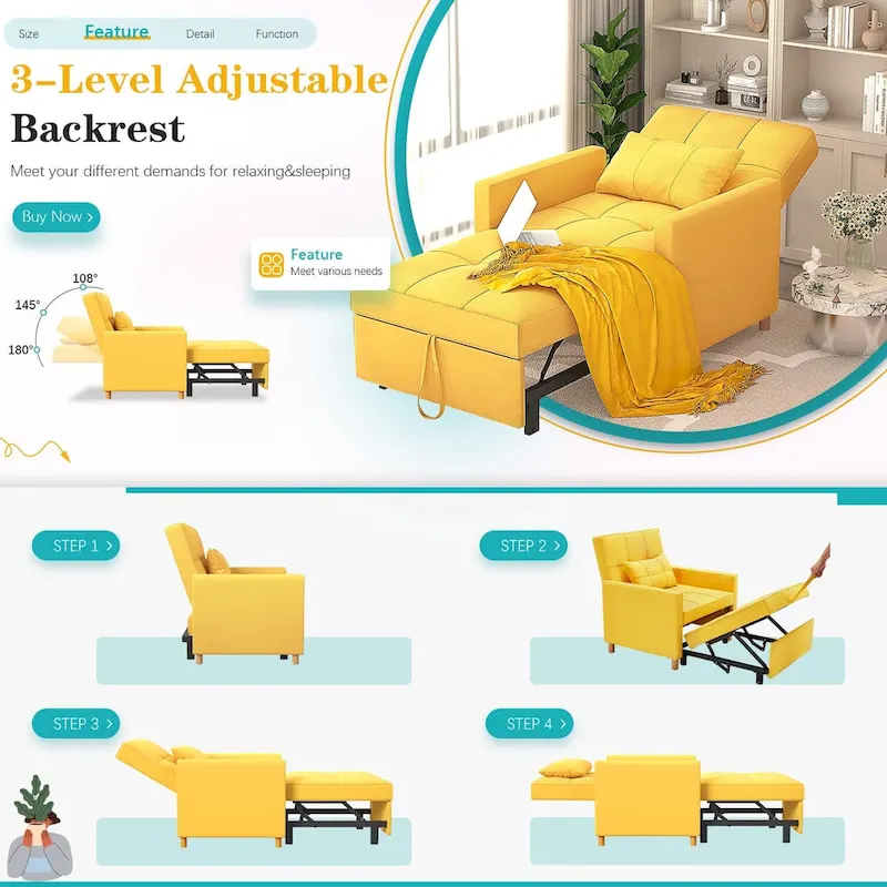 AECOJOY 3 in 1 Sleeper Sofa Chair w/ Pillow &Convertible Backrest