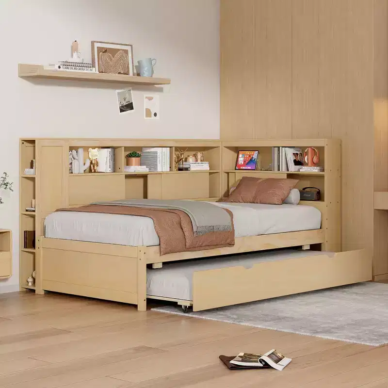 Whisen Twin Wood Daybed with Storage Shelves & Trundle