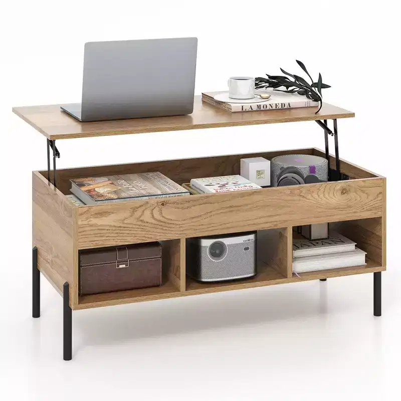 Lift Top Coffee Table with Hidden Compartment and 3 Open Cubbies, Brown