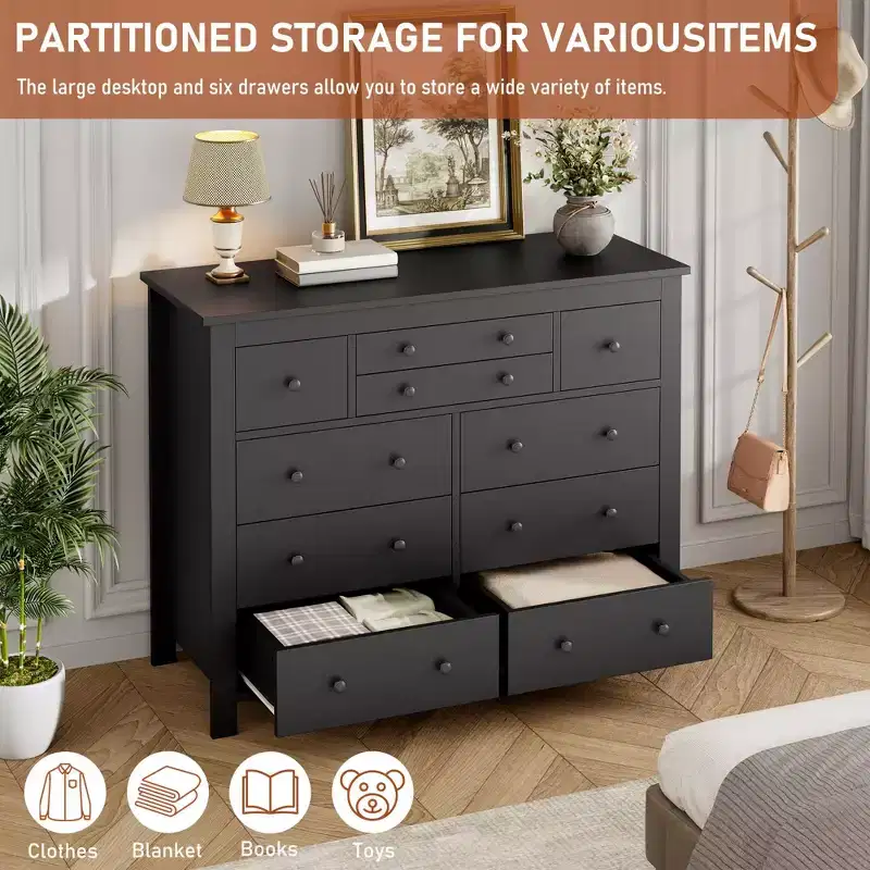 10-Drawer Dresser with Rattan Detail and Open Shelf