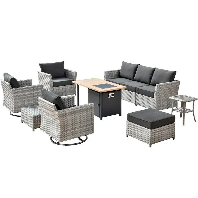 OVIOS 10-Piece Patio Wicker Conversation Rocking Chair Set With Fire Table